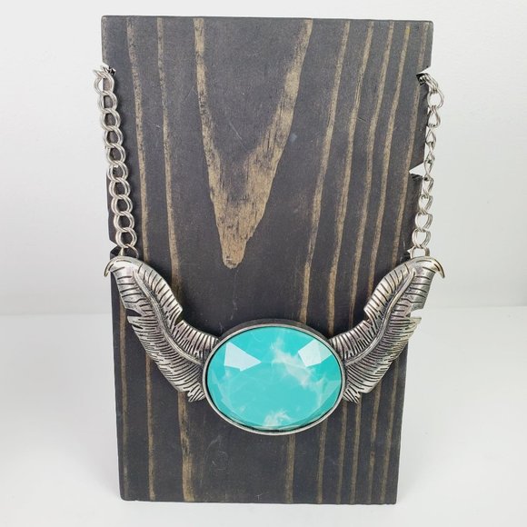 Unbranded Jewelry - Silver Faux Turquoise Swirled Feather Large Statement Necklace